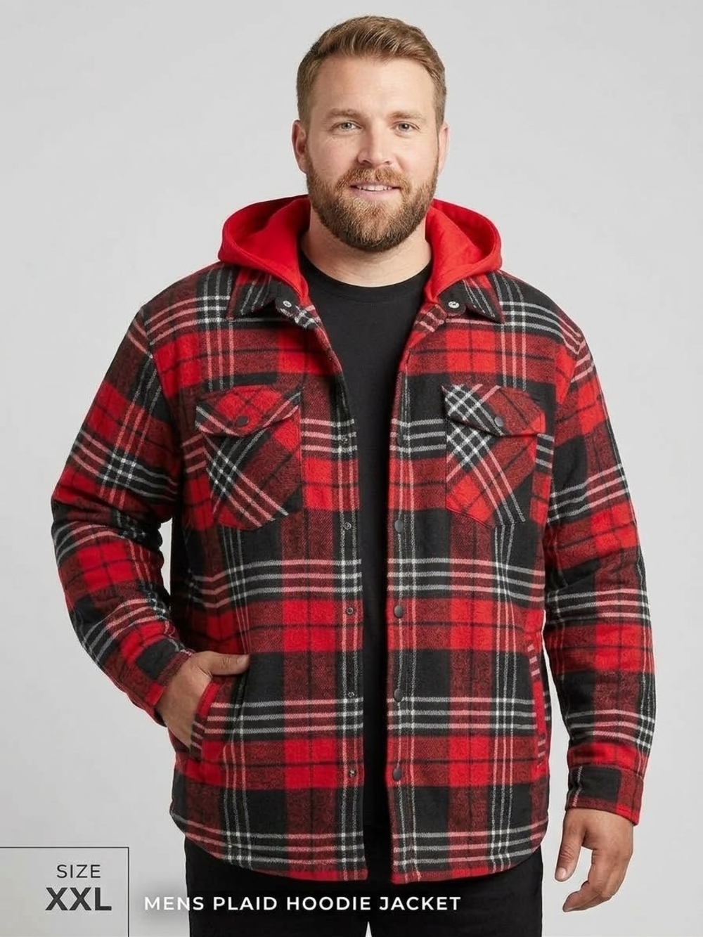 Men's Red Plaid Hooded Jacket